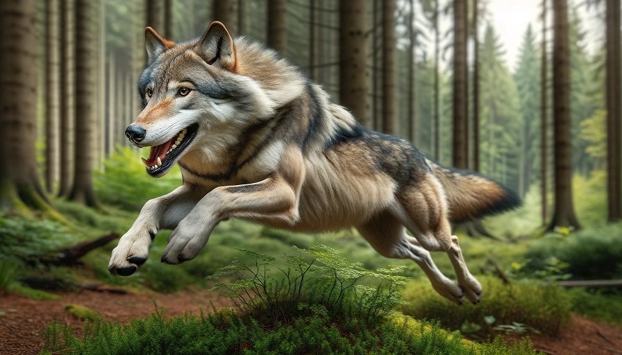 wolf running through forest